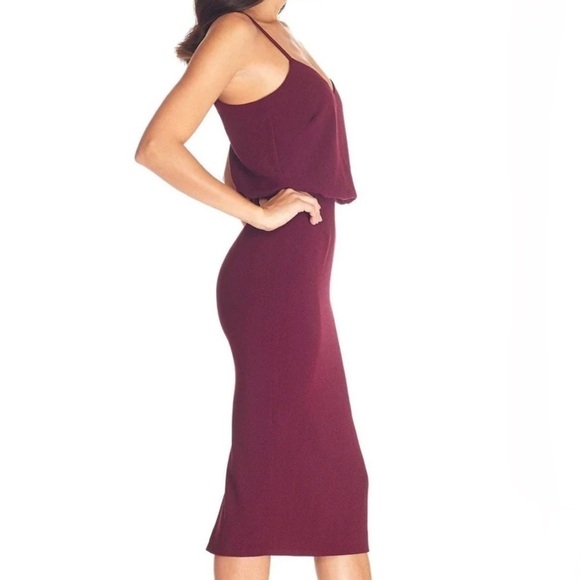 Dress The Population Alondra Sheath Blouson Pencil V-Neck Dress Burgundy Small - Picture 2 of 11